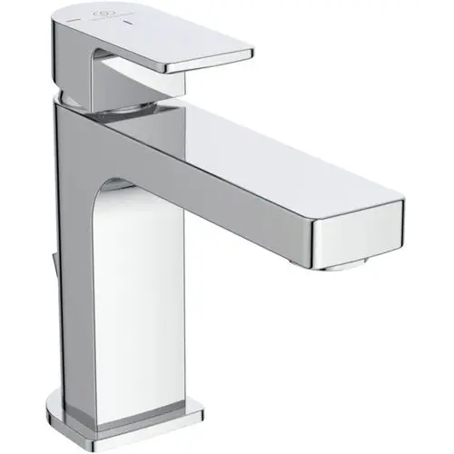 Chrome-finish Waschtischarmatur von Ideal Standard mit flachem Auslauf und Bedienhebel. Schlichte, moderne Form ohne sichtbare technische Details.